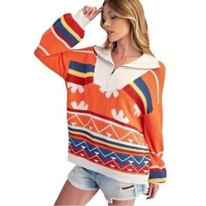 Easel Quarter Zip Womens Sweater Orange Cream Oversized Medium NWT